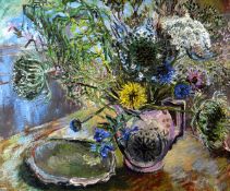 ESTHER GRAINGER oil on canvas - still life of flowers in jug beside salver, unsigned, 49 x 60cms