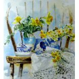 ANDREW DOUGLAS FORBES watercolour - still life of narcissus in jugs standing on a farmhouse chair,