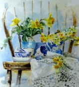ANDREW DOUGLAS FORBES watercolour - still life of narcissus in jugs standing on a farmhouse chair,