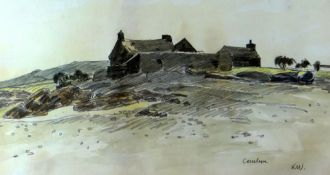 SIR KYFFIN WILLIAMS RA colourwash and pencil - the old lifeboat station at Cemlyn, Anglesey,