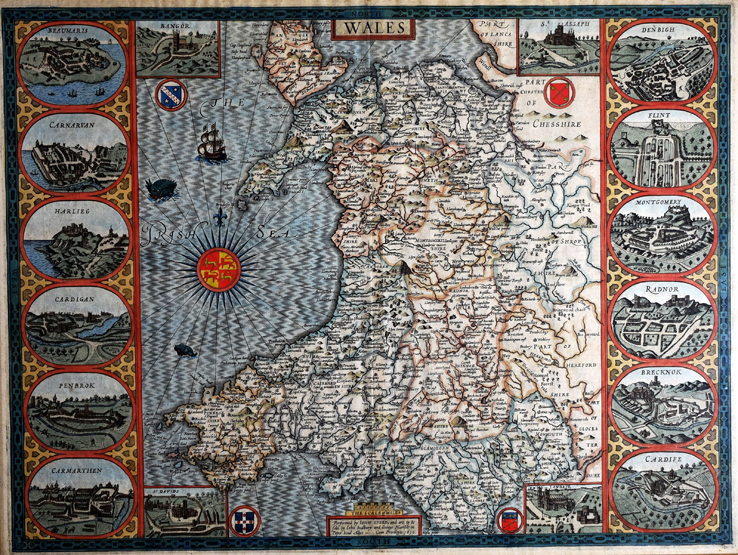 JOHN SPEED antique coloured map - Wales, Sudbury & Humble edition, c.1610, 40 x 53cms