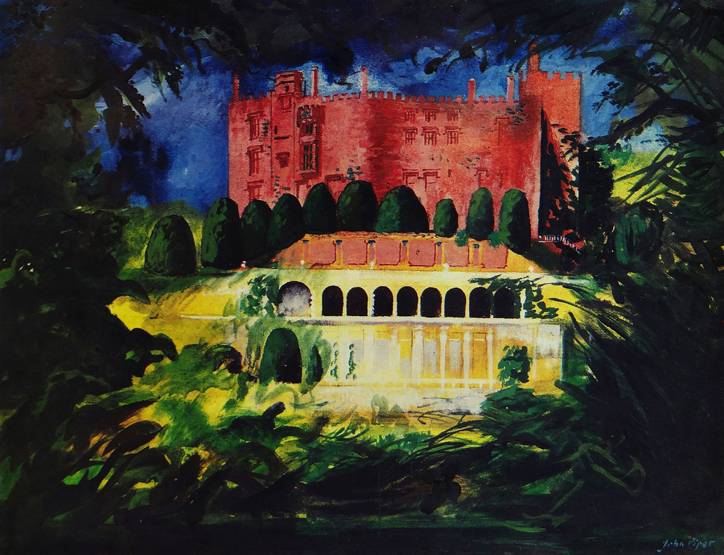 JOHN PIPER Curwen Press coloured lithograph, a trio - entitled verso ‘Powys Castle Near