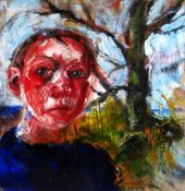 SHANI RHYS JAMES oil on linen - head and shoulders figure in a landscape by a tree, signed and