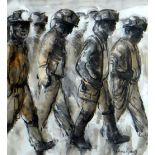 VALERIE GANZ mixed media - group of walking miners, signed, 41 x 38cms