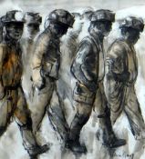VALERIE GANZ mixed media - group of walking miners, signed, 41 x 38cms
