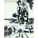 JOSEF HERMAN colourwash - two scenes being figures walking and two figures in a street, entitled