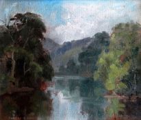 AUBREY R PHILLIPS oil on board - meandering river through wooded banks entitled verso ‘The Usk at
