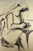 WILL ROBERTS charcoal drawing - female seated at table, entitled and dated verso ‘Girl Writing