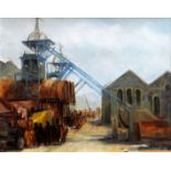 VALERIE GANZ oil on canvas - colliers gathered below pithead winding gear, Attic Gallery label verso