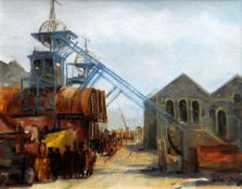 VALERIE GANZ oil on canvas - colliers gathered below pithead winding gear, Attic Gallery label verso