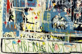 NEALE HOWELLS mixed media on board - abstract with layers of graffiti and slogans, untitled, 81 x