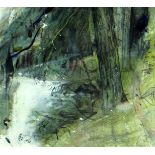 JACOB BUCKLAND mixed media - stream running through woodland, signed, 18 x 18cms