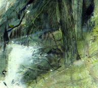 JACOB BUCKLAND mixed media - stream running through woodland, signed, 18 x 18cms