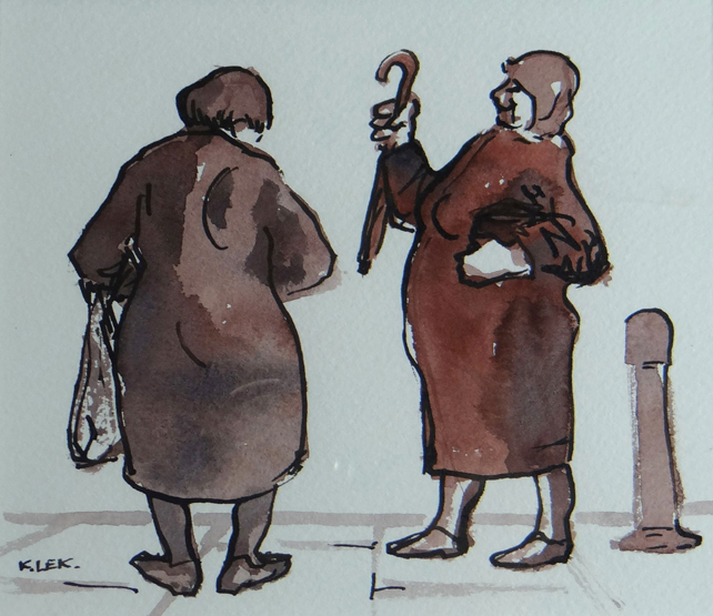 KAREL LEK pen and wash - two women in conversation, one with umbrella, signed, 14 x 15.5cms