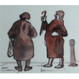 KAREL LEK pen and wash - two women in conversation, one with umbrella, signed, 14 x 15.5cms