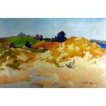 WILL EVANS watercolour - figures on the sand dunes at Gower beach, signed, 37 x 56cms