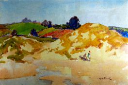 WILL EVANS watercolour - figures on the sand dunes at Gower beach, signed, 37 x 56cms