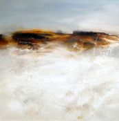 ROSS LOVEDAY acrylic on canvas - shoreline and landscape, entitled verso ‘Bird Watching’, 92 x 92cms