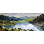 CHARLES WYATT WARREN oil on board - Snowdonia scene entitled verso ‘Llyn Cwm Bychan’, 24 x 54cms