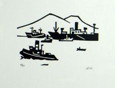 SIR KYFFIN WILLIAMS RA limited edition (55/85) linocut print - shipping vessels and mountains