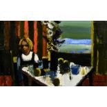 DONALD McINTYRE oil on board - seated female looking out to the sea, entitled verso ‘Window to the