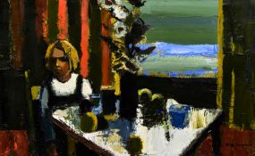 DONALD McINTYRE oil on board - seated female looking out to the sea, entitled verso ‘Window to the