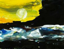 JOHN KNAPP FISHER oil on card - rocky coast with squally sea, entitled verso ‘Coastal Sun II’,