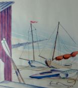 MERYL WATTS mixed media - beached sailing boats and breakwater, signed, 45 x 40cms