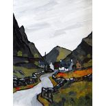 DAVID BARNES oil on board - road through Snowdonia village, signed verso, 40 x 29cms