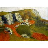 GWILYM PRICHARD oil on board - rocky mountain top entitled verso, ‘Rocks, Penmon’, signed, 37 x