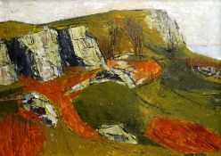 GWILYM PRICHARD oil on board - rocky mountain top entitled verso, ‘Rocks, Penmon’, signed, 37 x