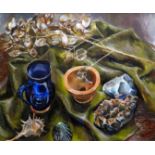 ESTHER GRAINGER oil on board - still life with pottery, entitled verso ‘A Few Things’, unsigned,