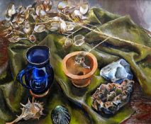 ESTHER GRAINGER oil on board - still life with pottery, entitled verso ‘A Few Things’, unsigned,