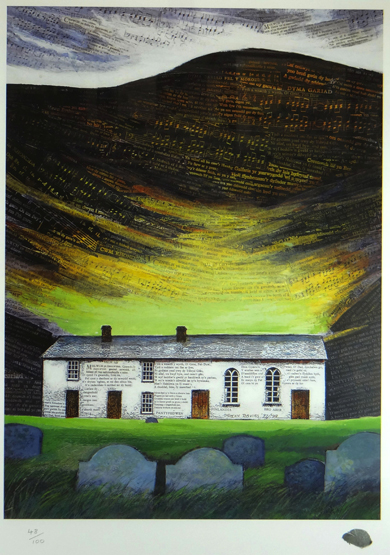 OGWYN DAVIES limited edition (48/100) print - whitewashed Welsh long-cottage, overwritten with