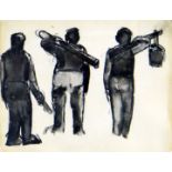 JOSEF HERMAN colourwash - three figures, entitled verso ‘Three Workmen’, dated 1966, 19 x 25cms