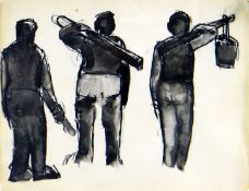 JOSEF HERMAN colourwash - three figures, entitled verso ‘Three Workmen’, dated 1966, 19 x 25cms
