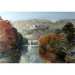 ARTHUR MILES watercolour - view from the Taff looking up to Castell Coch, entitled verso ‘Castell