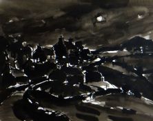 SIR KYFFIN WILLIAMS RA colourwash - Snowdonia village at night under moon, signed with initials,