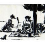 JOSEF HERMAN colourwash - figures at leisure with bird, entitled verso ‘Picnic Under Tree’, 13 x