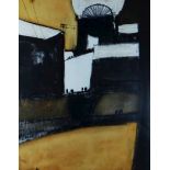 ROGER CECIL mixed media - shadowy walking figures of coal-workers dwarfed by the winding-gear at a