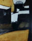 ROGER CECIL mixed media - shadowy walking figures of coal-workers dwarfed by the winding-gear at a