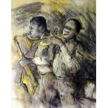 VALERIE GANZ mixed media - figures playing brass instruments in a jazz band, signed, 46 x 36cms