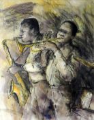 VALERIE GANZ mixed media - figures playing brass instruments in a jazz band, signed, 46 x 36cms