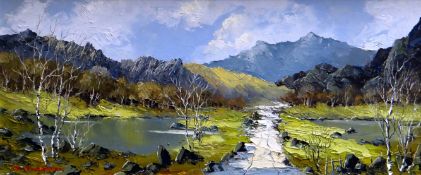 CHARLES WYATT WARREN oil on board - Snowdonia mountain scene with stream and lake, signed, 24 x