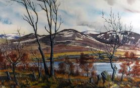 RAY HOWARD JONES mixed media - landscape entitled verso ‘A Copse Beside a Tarn in Winter’, signed,