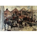 STANLEY COOKE watercolour - busy harbour scene with workers and boats, indistinctly titled but