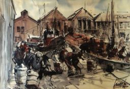 STANLEY COOKE watercolour - busy harbour scene with workers and boats, indistinctly titled but