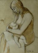 JOHN PETTS mixed media - mother breast feeding child, possibly Brenda Chamberlain, signed and