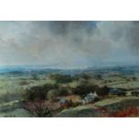 ARTHUR MILES watercolour - view looking down to farm buildings and countryside beyond, entitled