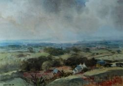 ARTHUR MILES watercolour - view looking down to farm buildings and countryside beyond, entitled